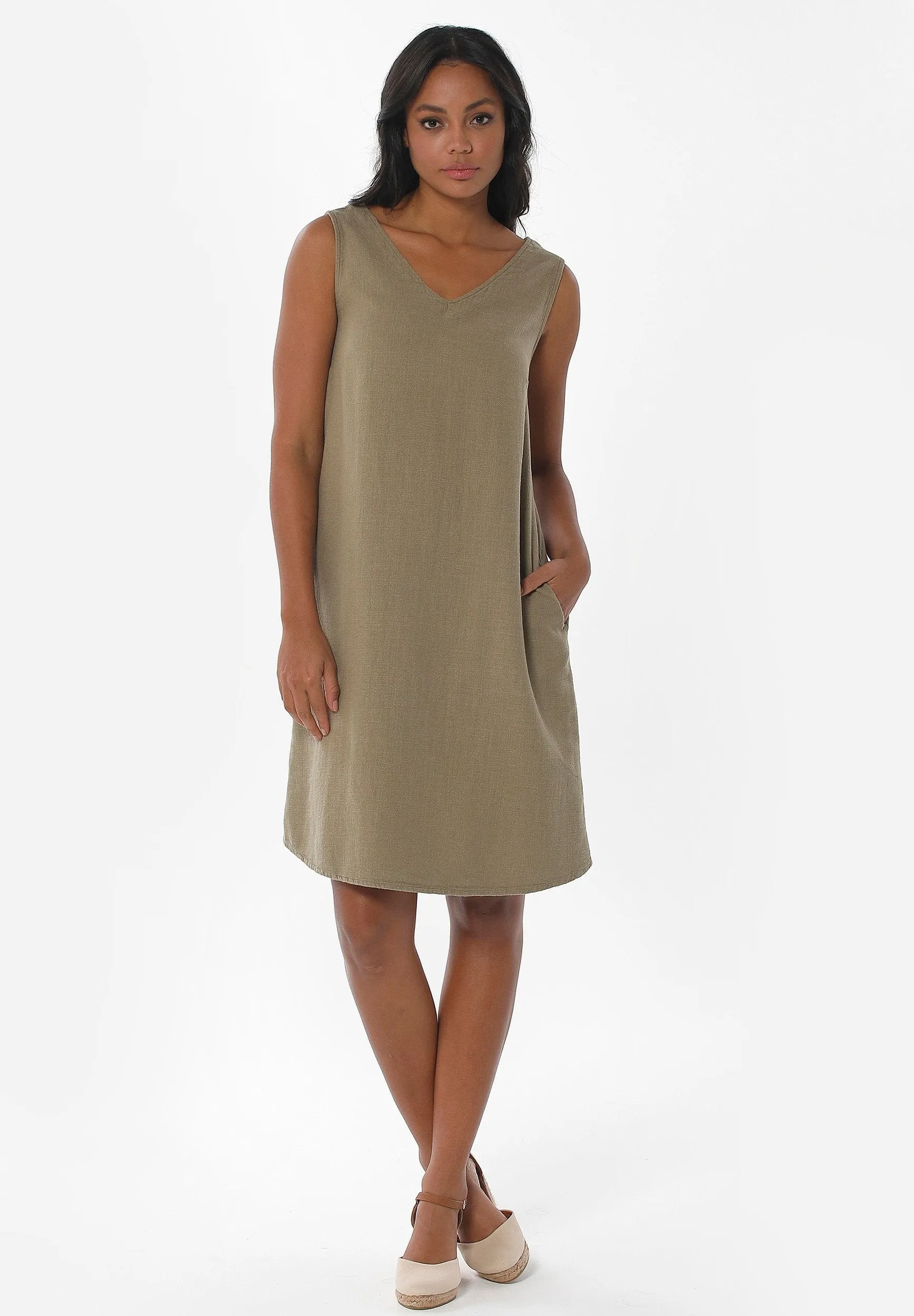 Sleeveless V-Neck Linen Blend Dress Olive sold by Ivalo.com