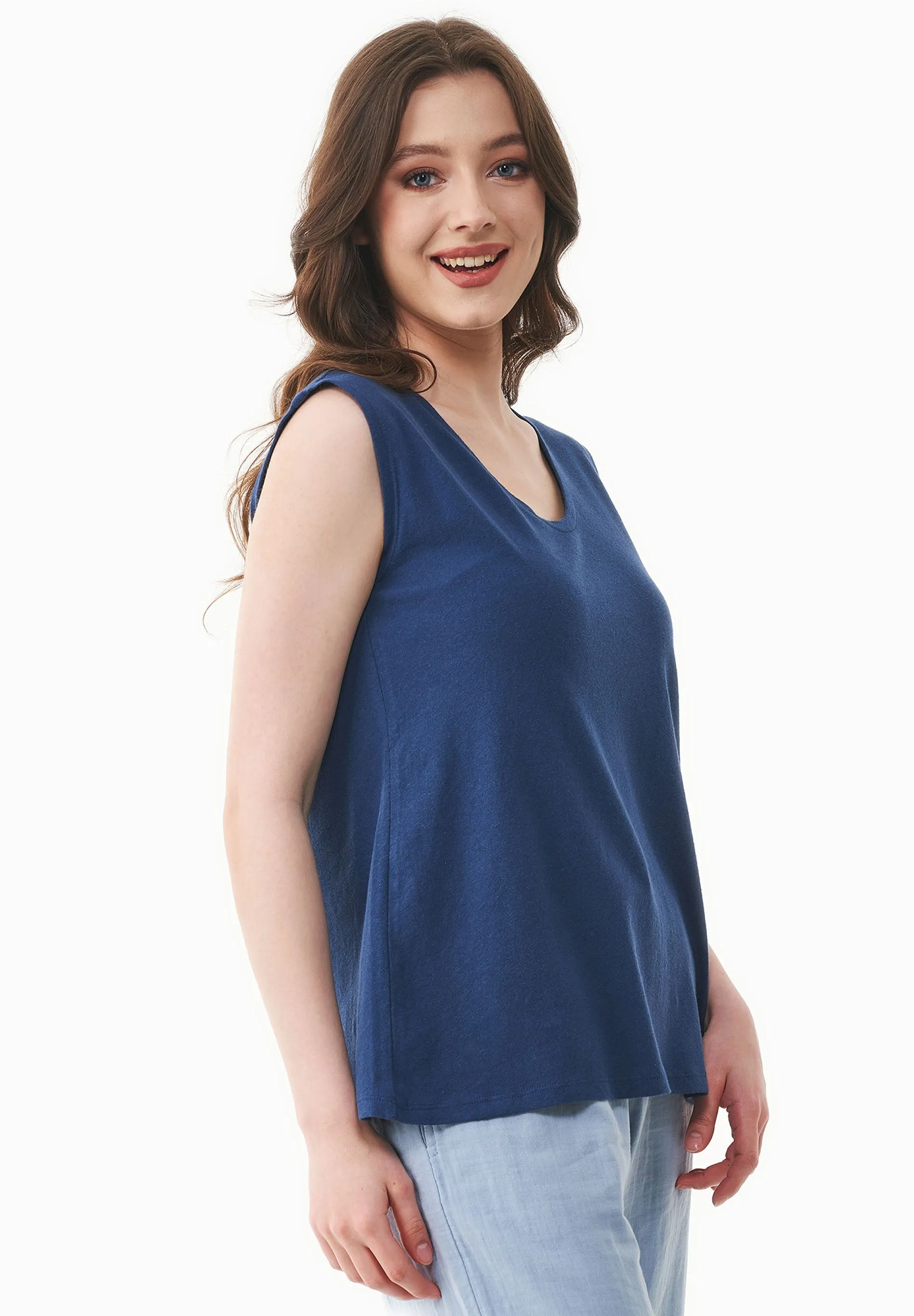 Deep Round Neck Linen Blend Jersey Top Navy sold by Ivalo.com product image thumbnail 5