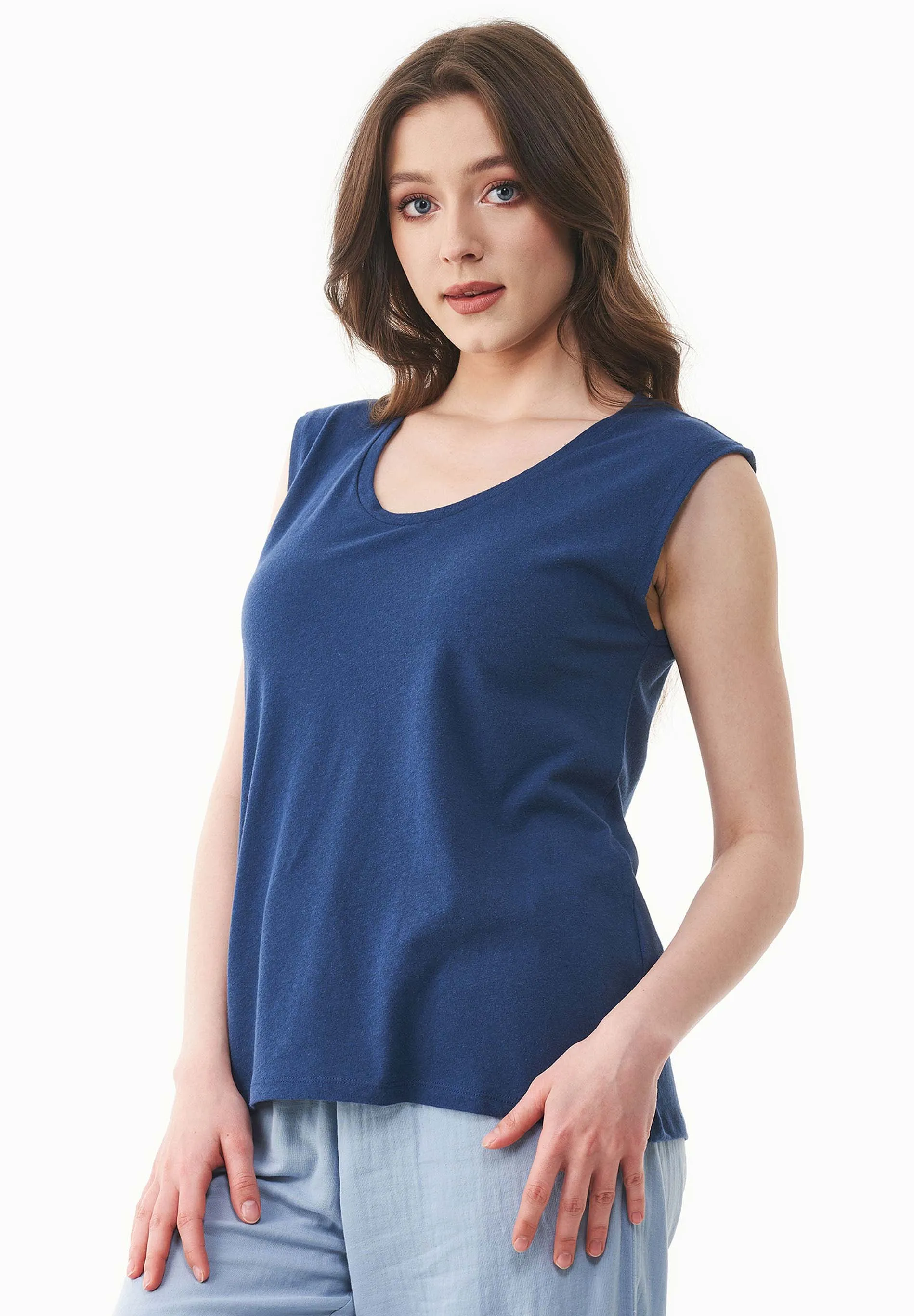 Deep Round Neck Linen Blend Jersey Top Navy sold by Ivalo.com