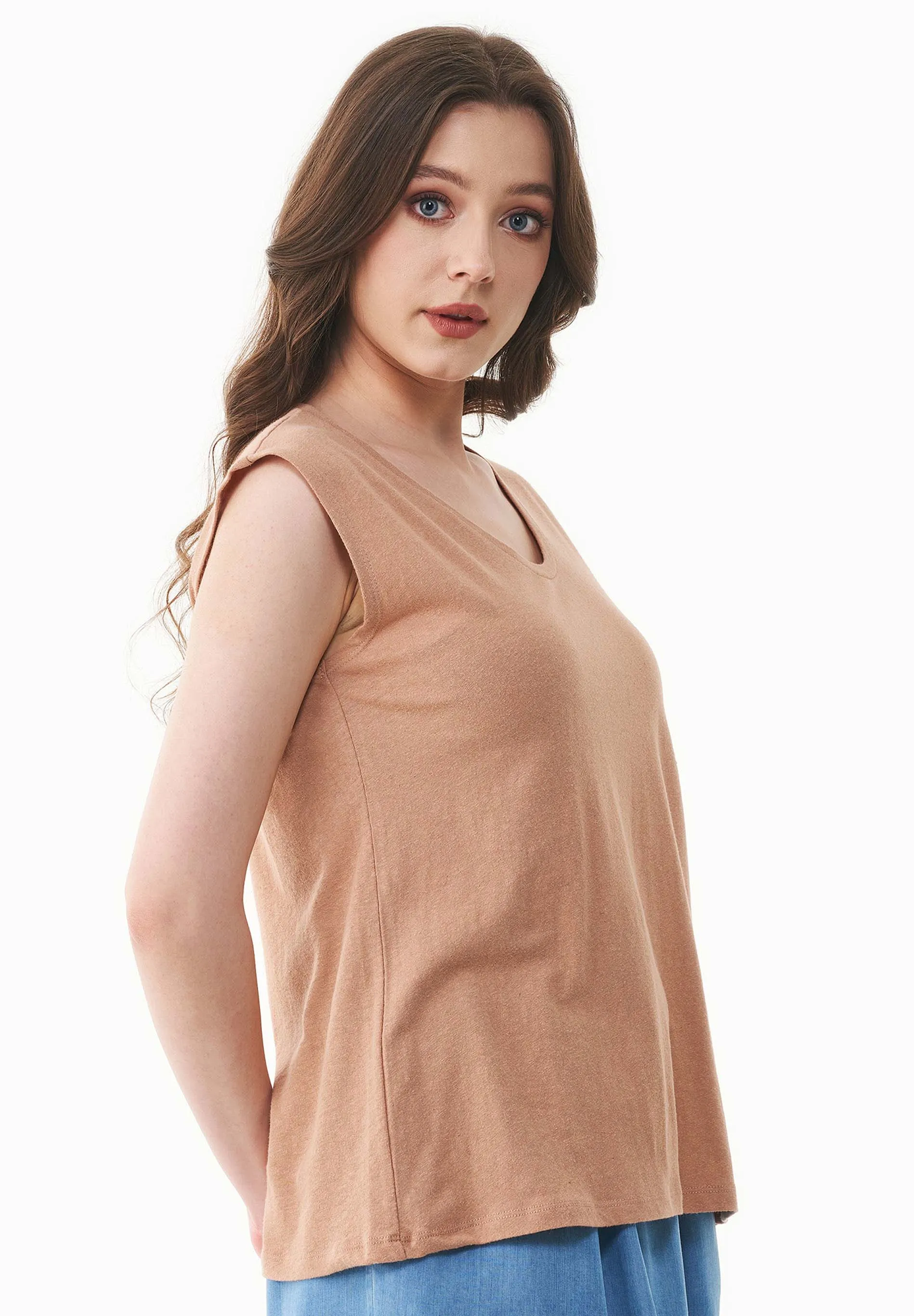 Deep Round Neck Linen Blend Jersey Top Tan sold by Ivalo.com product image thumbnail 4