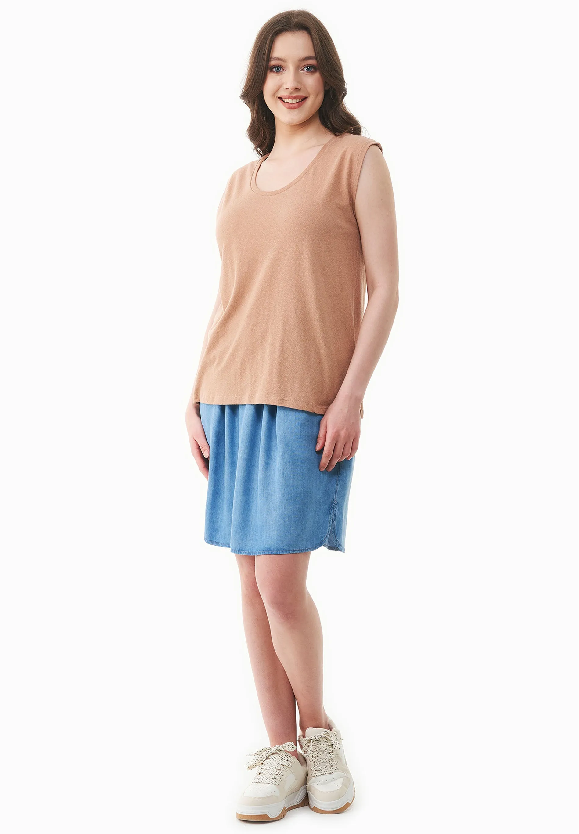Deep Round Neck Linen Blend Jersey Top Tan sold by Ivalo.com product image thumbnail 3