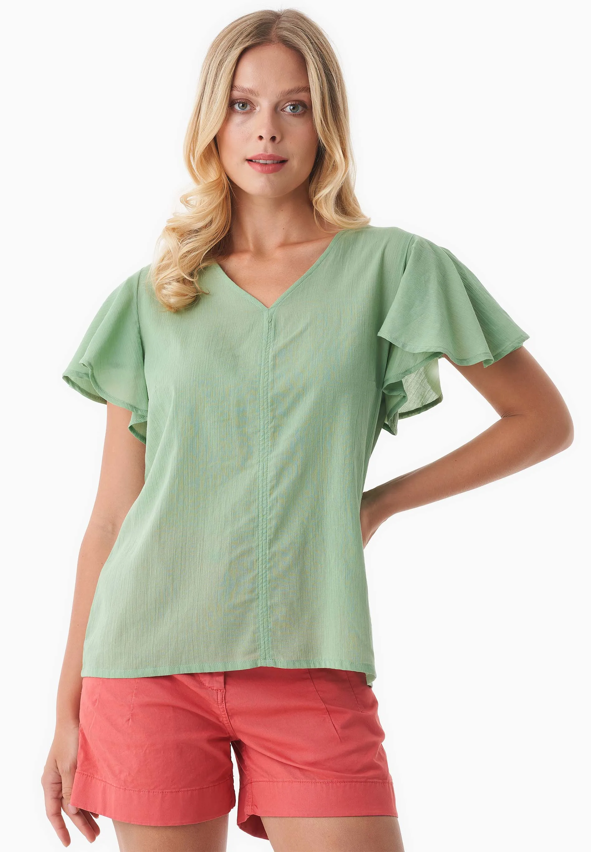 Butterfly Sleeve V-Neck Blouse Matcha Green sold by Ivalo.com