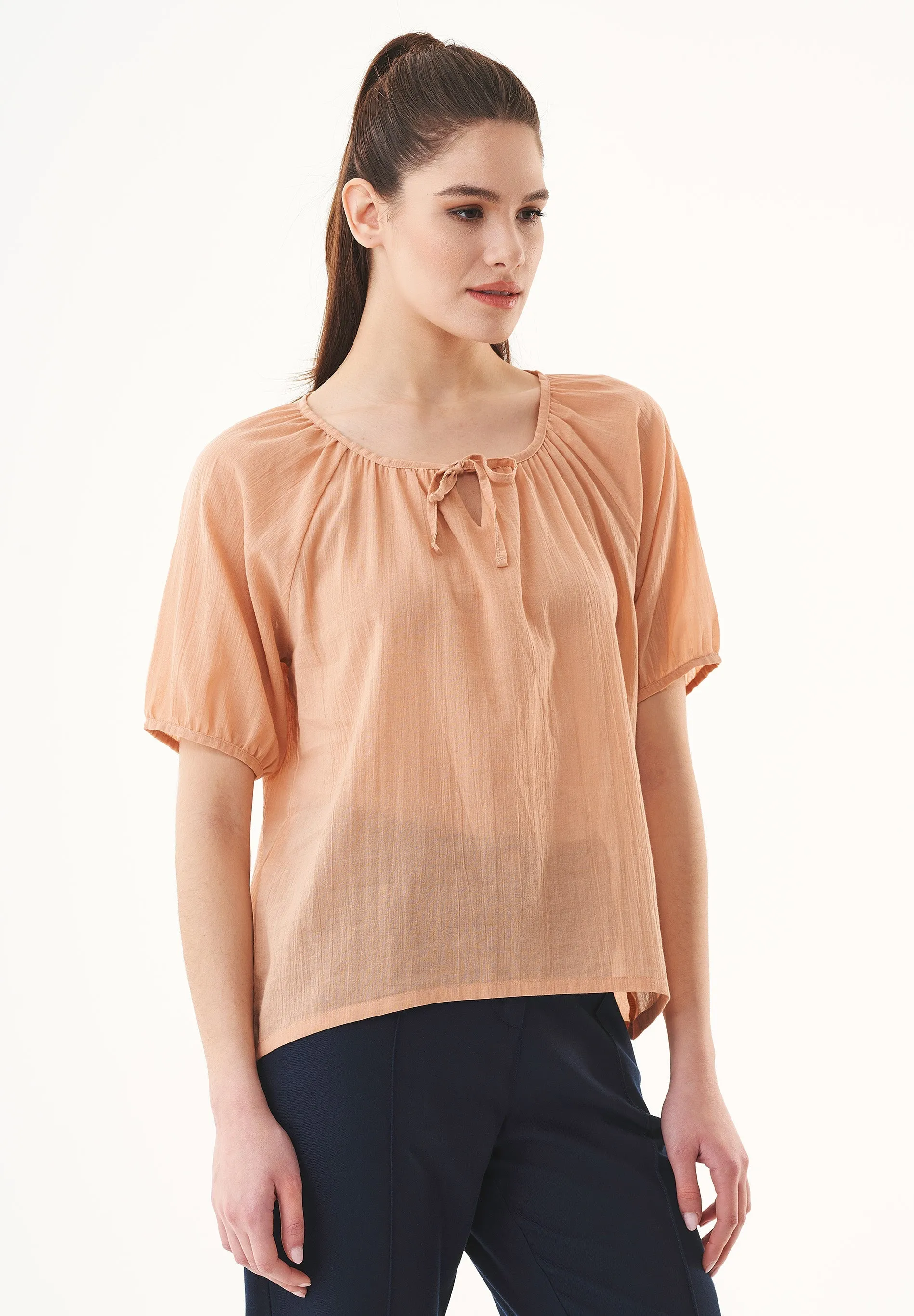 Short Sleeved Organic Cotton Voile Blouse Indian Tan sold by Ivalo.com