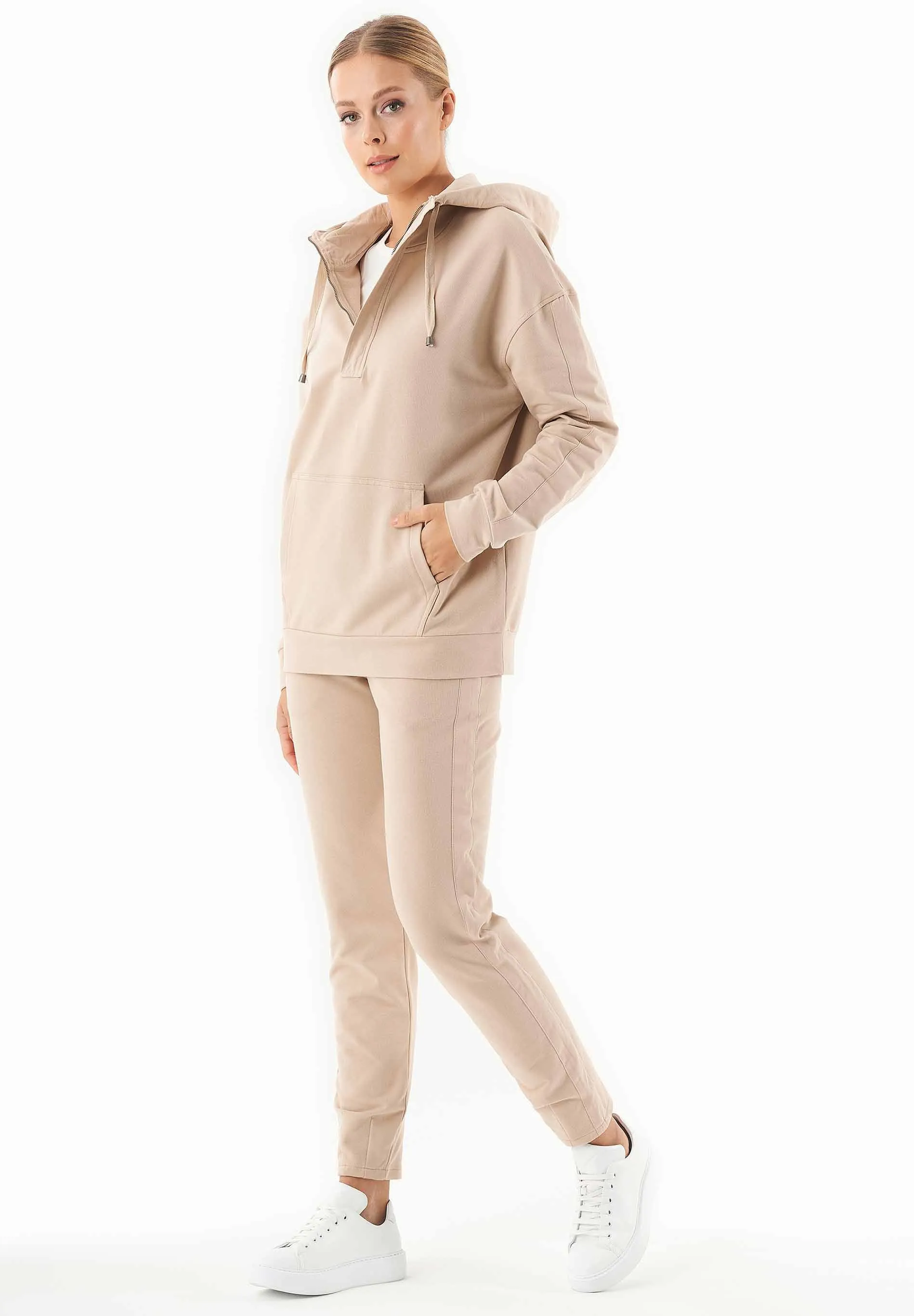 Women's Half-Zip Organic Cotton Hoodie Beige sold by Ivalo.com product image thumbnail 4