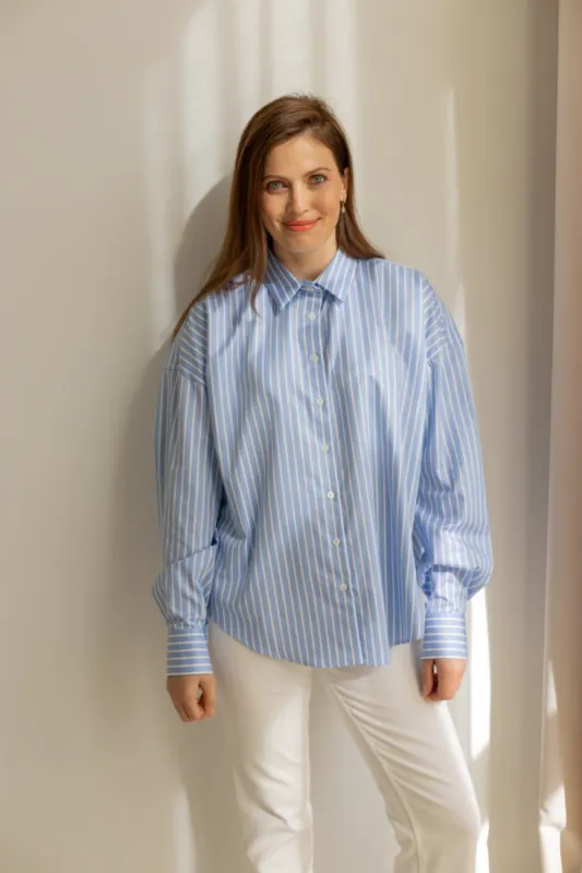 Classic Blue Striped Oversize Button-up Shirt Light Blue sold by Ivalo.com