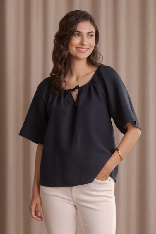 Lila Wide-sleeved Linen Shirt Dark Navy sold by Ivalo.com