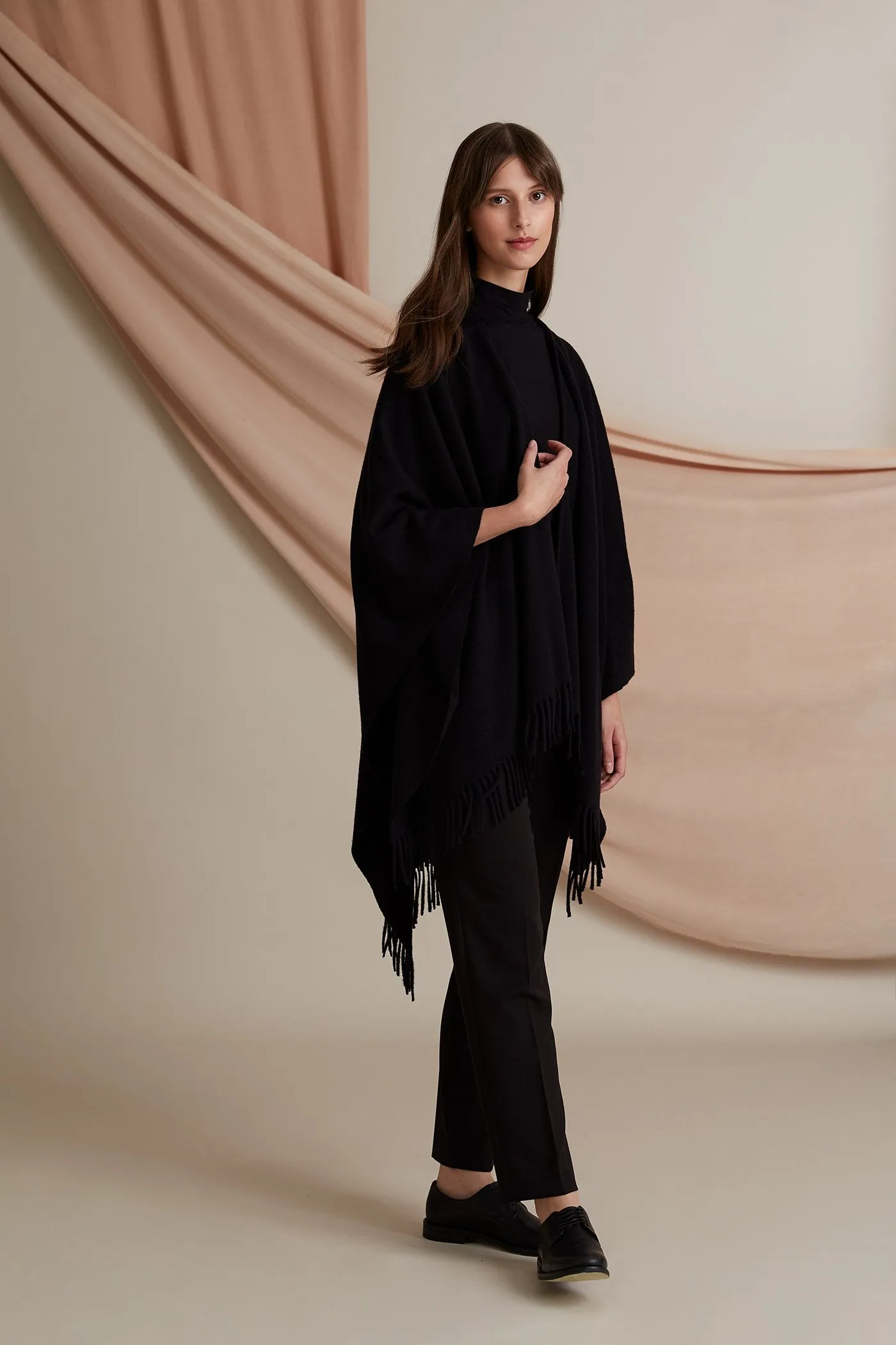 Clarissa Fringed Wool Cashmere Poncho Black sold by Ivalo.com