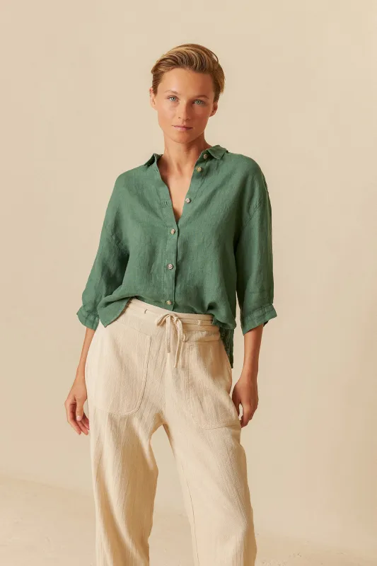 Linen Box Cut Shirt Emerald made by Indi & Cold