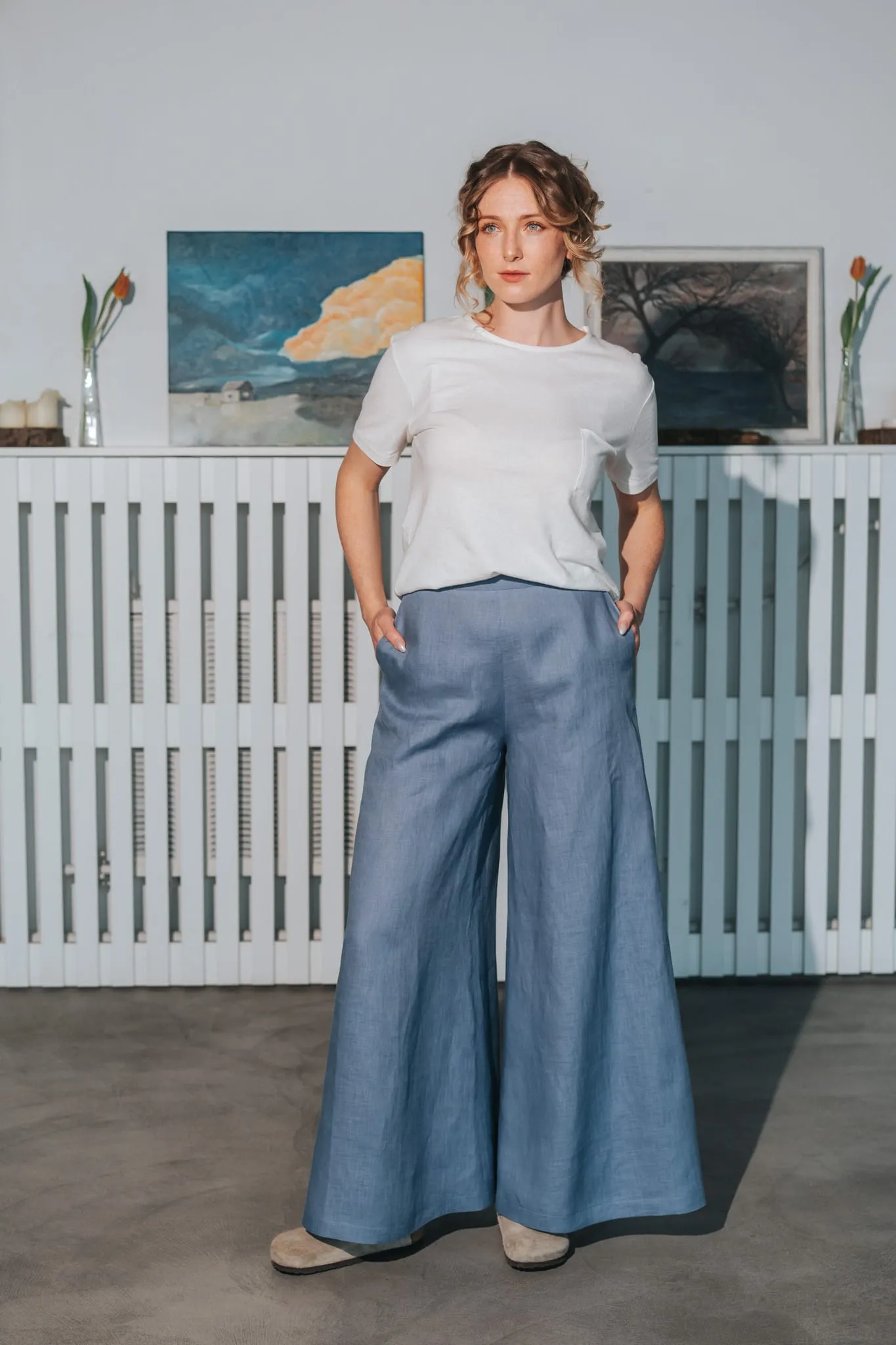 Women's Palazzo Linen Pants Dusty Blue sold by Ivalo.com product image thumbnail 4
