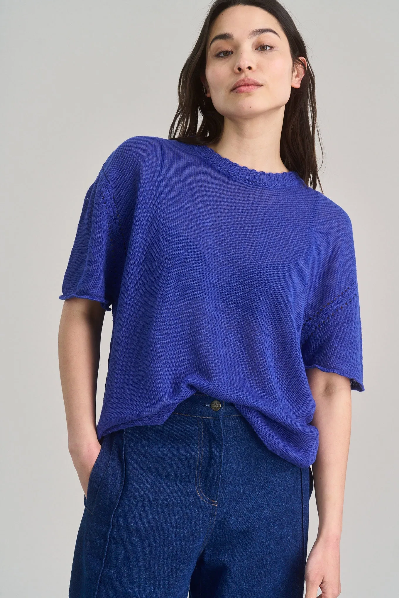 Stevie Organic Linen Knit Tee Blue sold by Ivalo.com