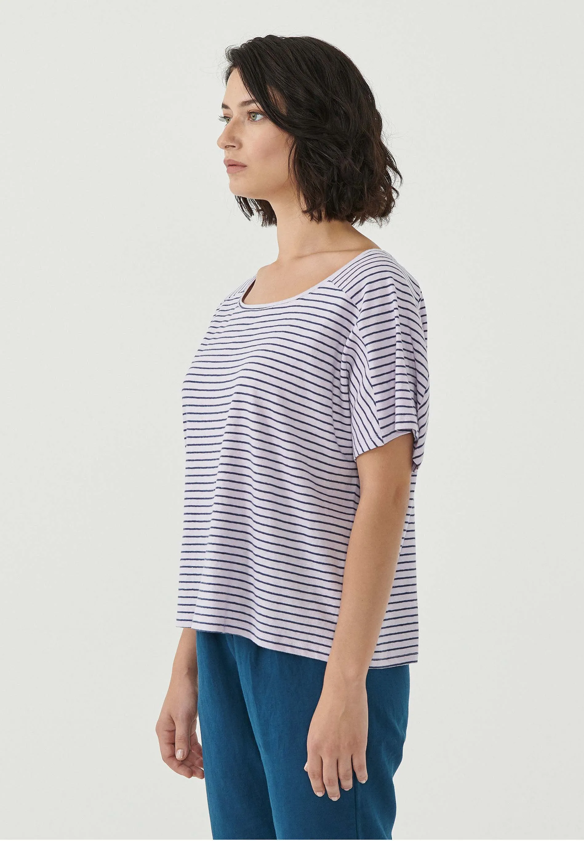 Women's Striped T-Shirt Organic Cotton Linen Blend Lavender Fog/Navy sold by Ivalo.com product image thumbnail 4