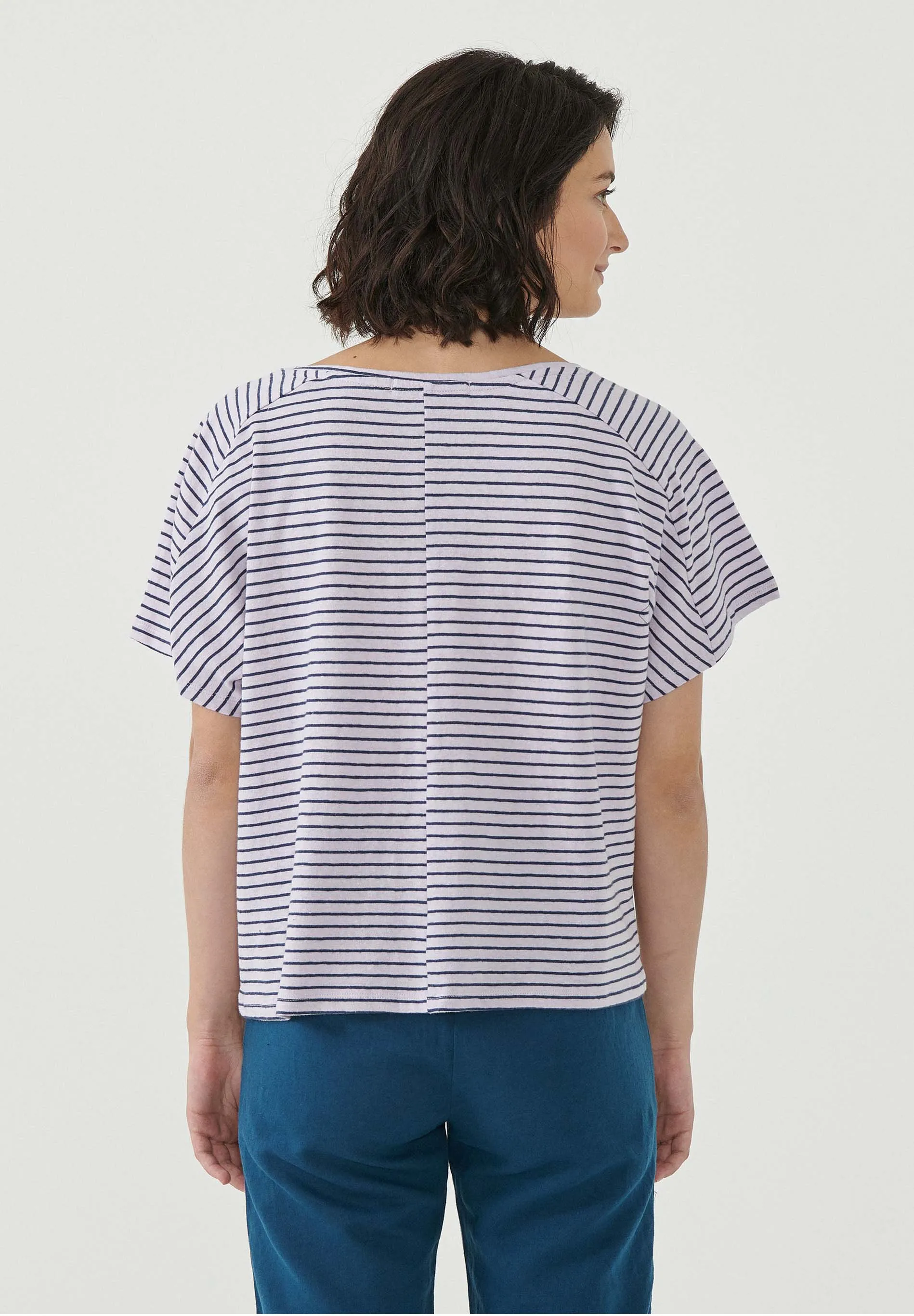 Women's Striped T-Shirt Organic Cotton Linen Blend Lavender Fog/Navy sold by Ivalo.com product image thumbnail 2