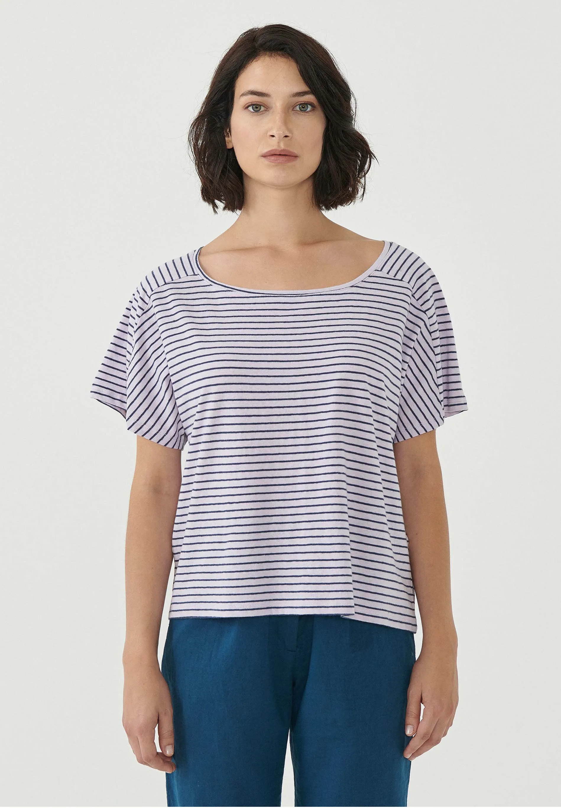 Women's Striped T-Shirt Organic Cotton Linen Blend Lavender Fog/Navy sold by Ivalo.com