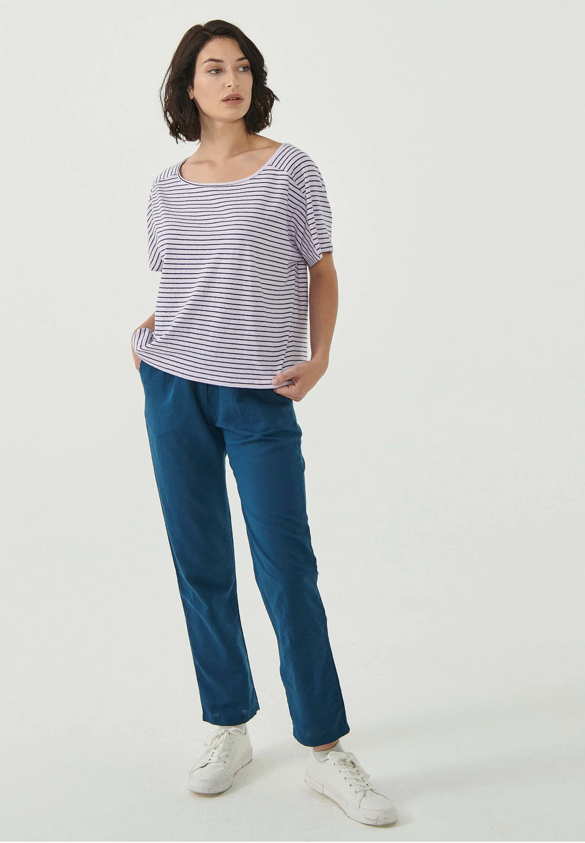 Women's Striped T-Shirt Organic Cotton Linen Blend Lavender Fog/Navy sold by Ivalo.com product image thumbnail 3
