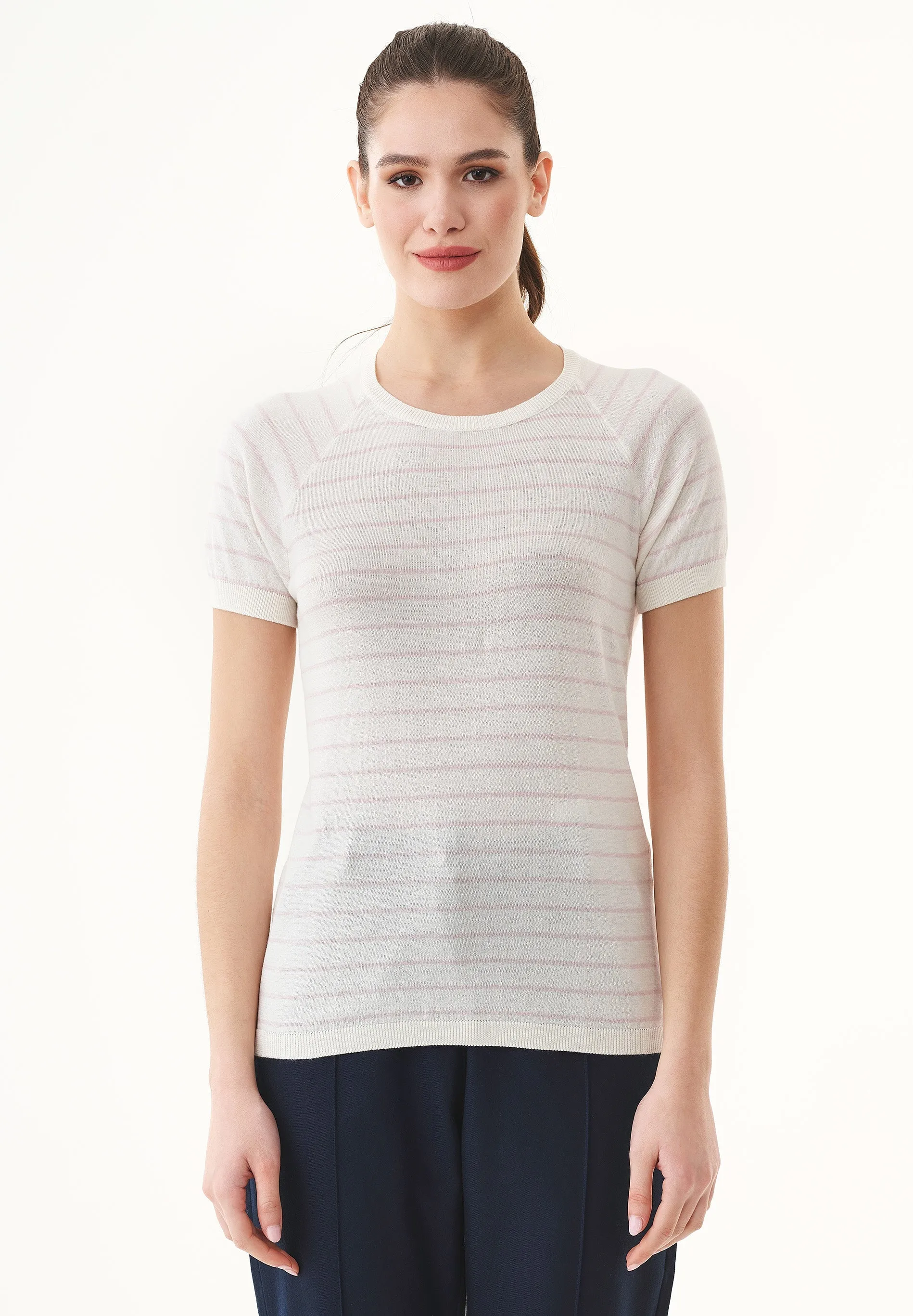 Women's Fine-Knit Organic Cotton T-Shirt Striped Off-White/Soft Pink sold by Ivalo.com