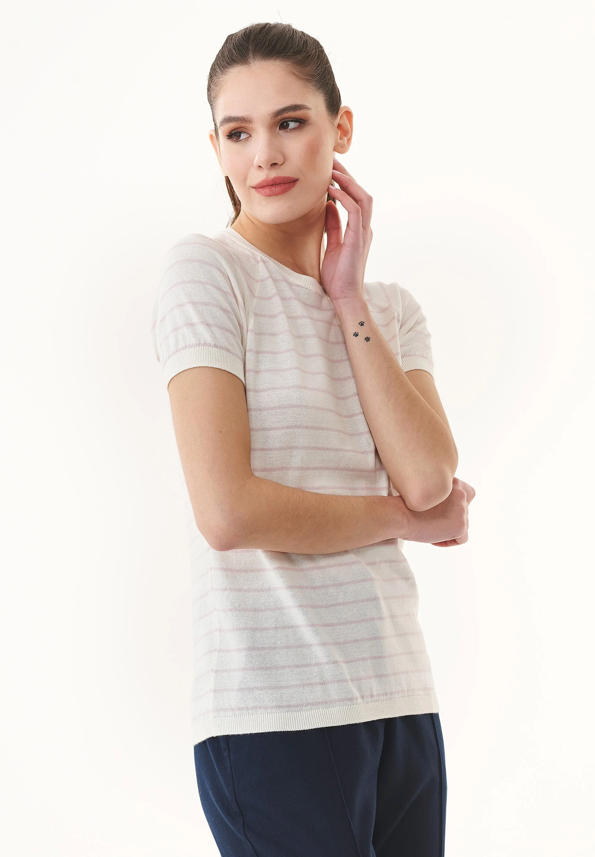 Women's Fine-Knit Organic Cotton T-Shirt Striped Off-White/Soft Pink sold by Ivalo.com product image thumbnail 4
