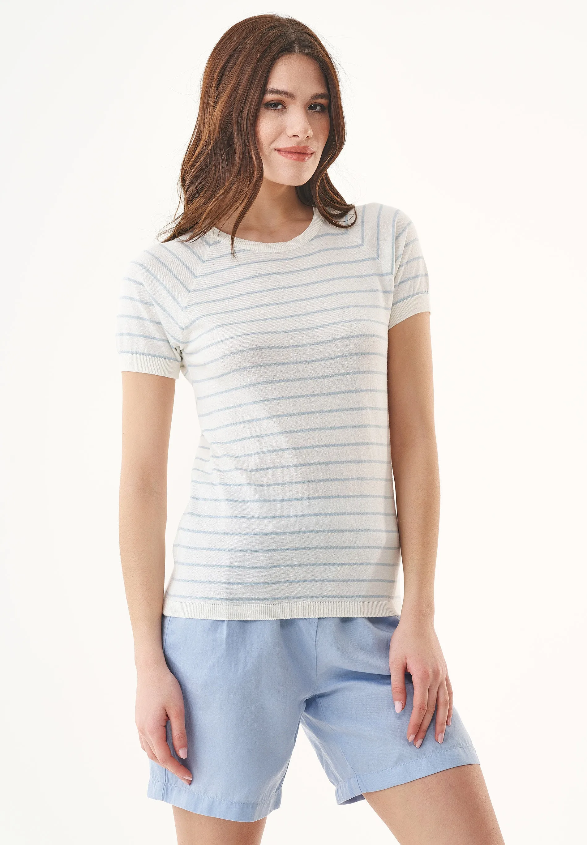 Women's Fine-Knit Organic Cotton T-Shirt Striped Off-White/Mid Blue sold by Ivalo.com product image thumbnail 4