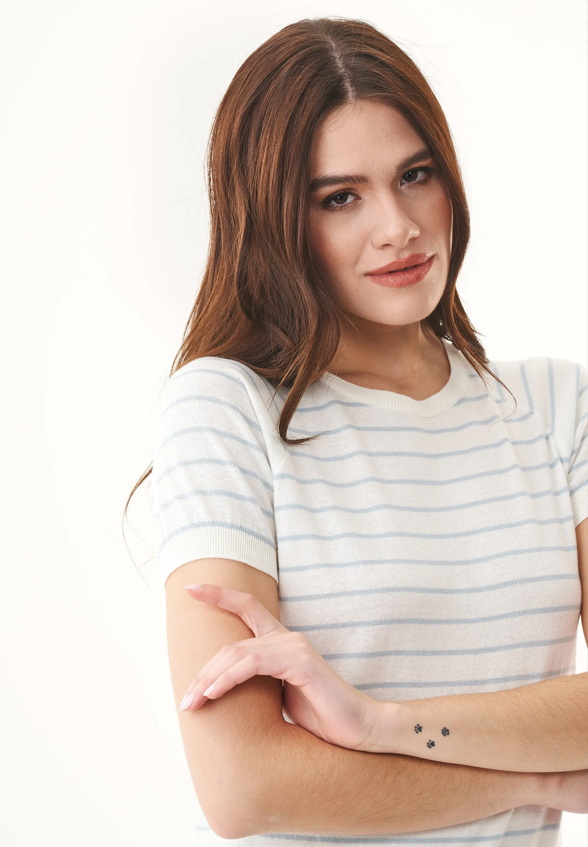 Women's Fine-Knit Organic Cotton T-Shirt Striped Off-White/Mid Blue sold by Ivalo.com product image thumbnail 5