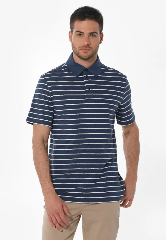 Men's Striped Polo Shirt Organic Cotton Linen Blend Navy/Off-White sold by Ivalo.com