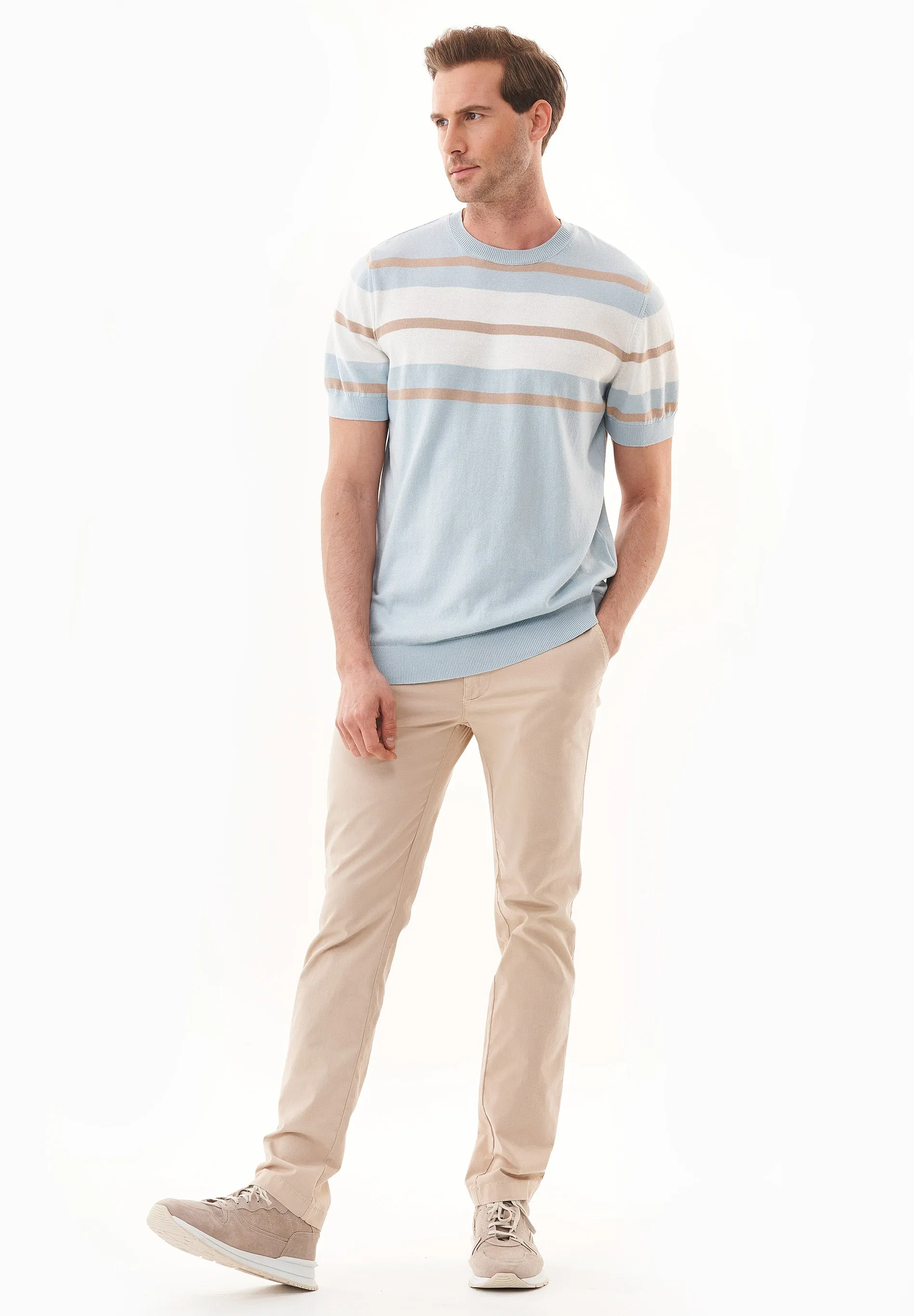 Men's Fine-Knit Organic Cotton T-Shirt Striped Blue Haze/Beige/Off-White sold by Ivalo.com product image thumbnail 3