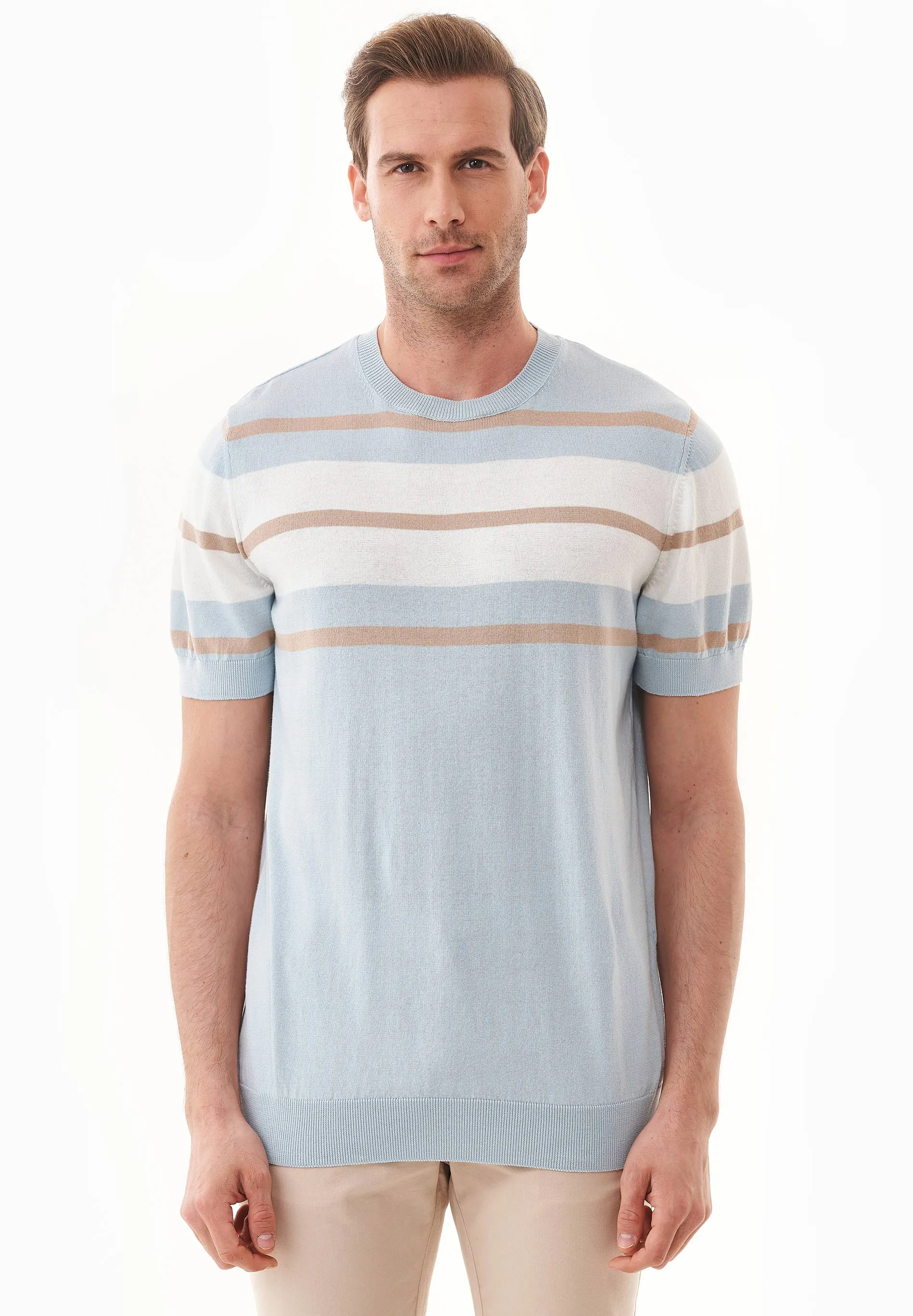 Men's Fine-Knit Organic Cotton T-Shirt Striped Blue Haze/Beige/Off-White sold by Ivalo.com product image thumbnail 5