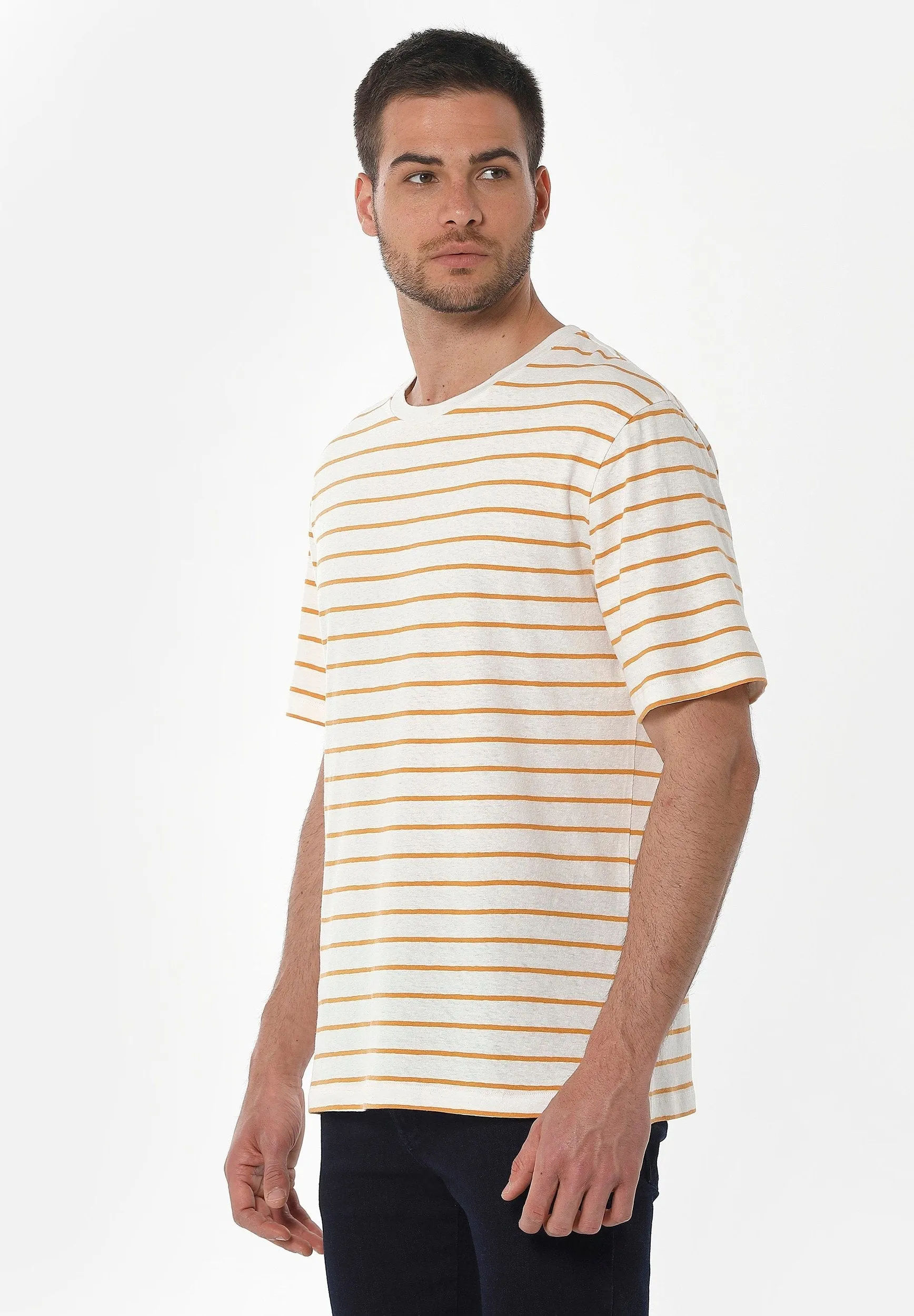 Men's Striped Linen Blend T-Shirt Off White / Mango sold by Ivalo.com