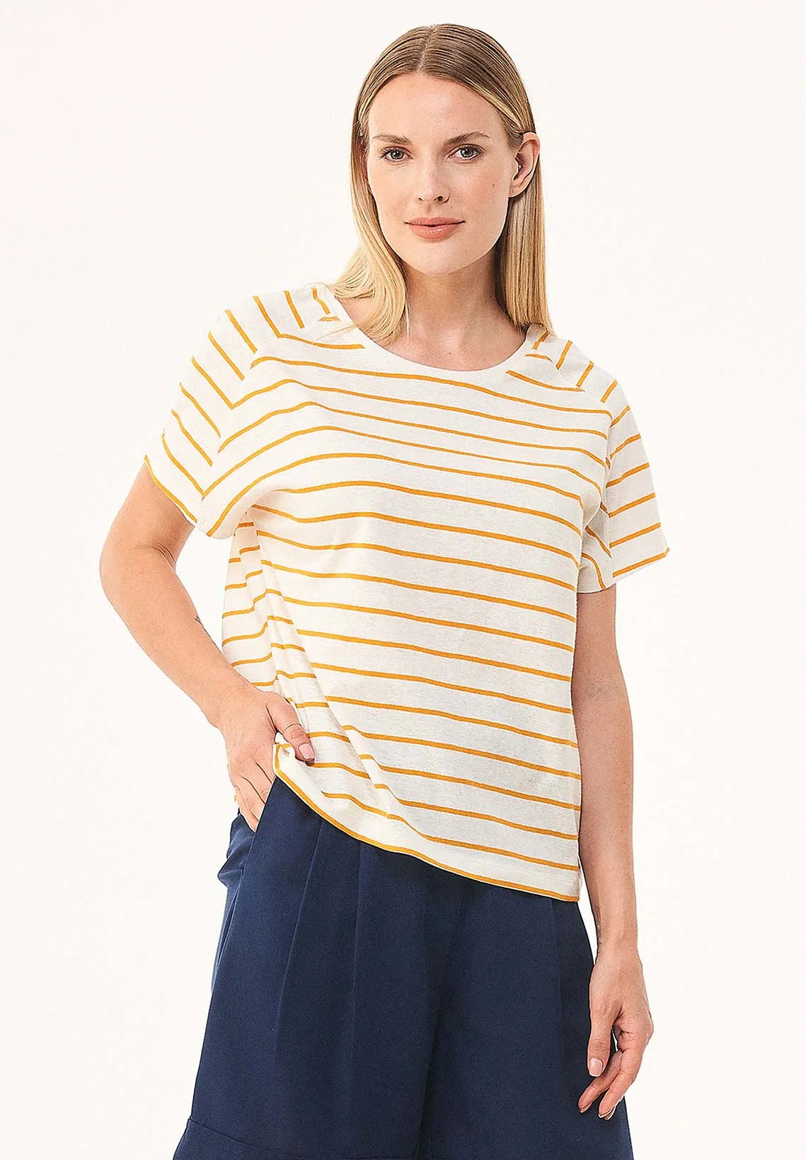 Striped Linen Blend T-Shirt Off White / Mango sold by Ivalo.com