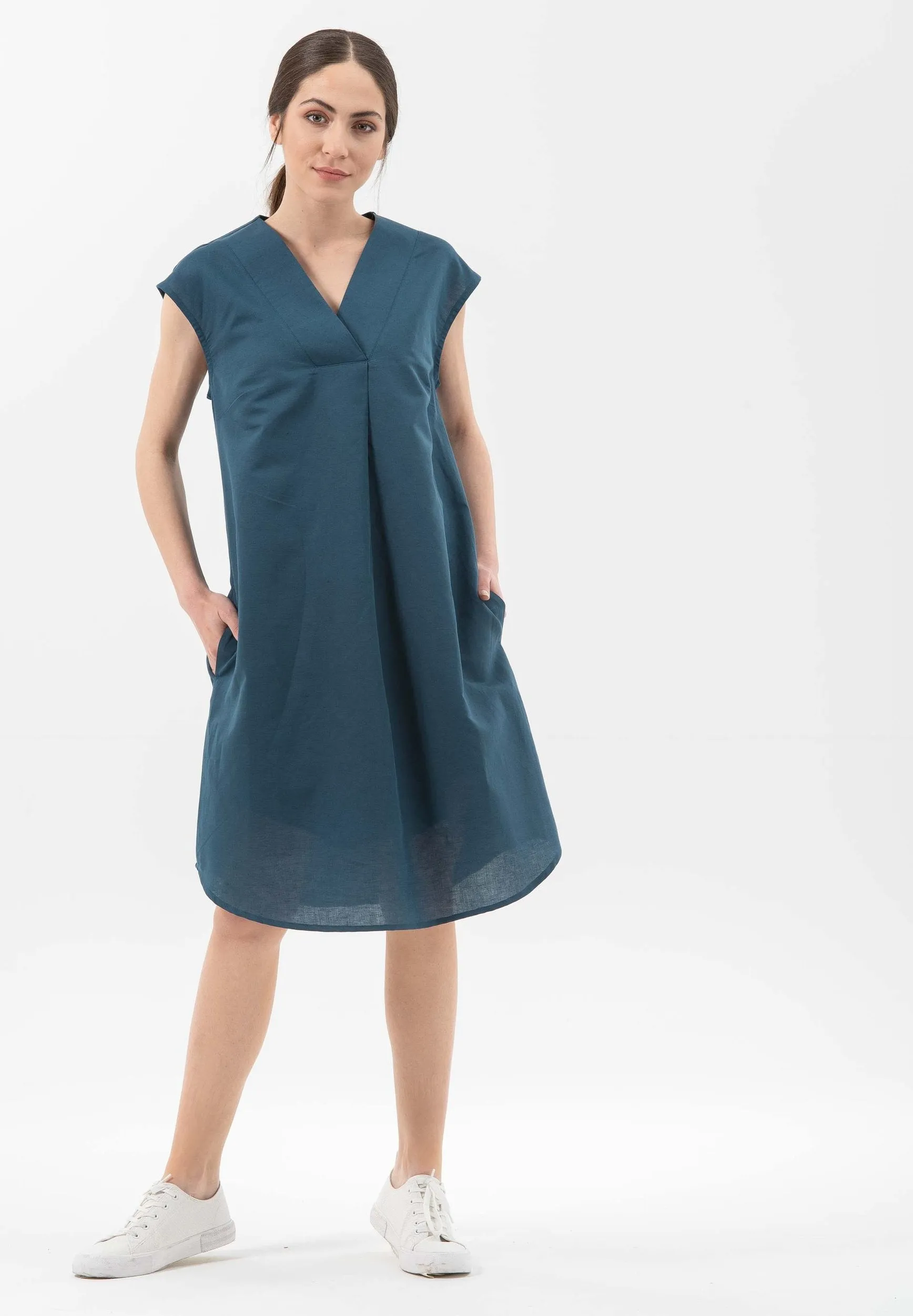 Linen Blend Short Sleeve V-Neck Dress Navy sold by Ivalo.com