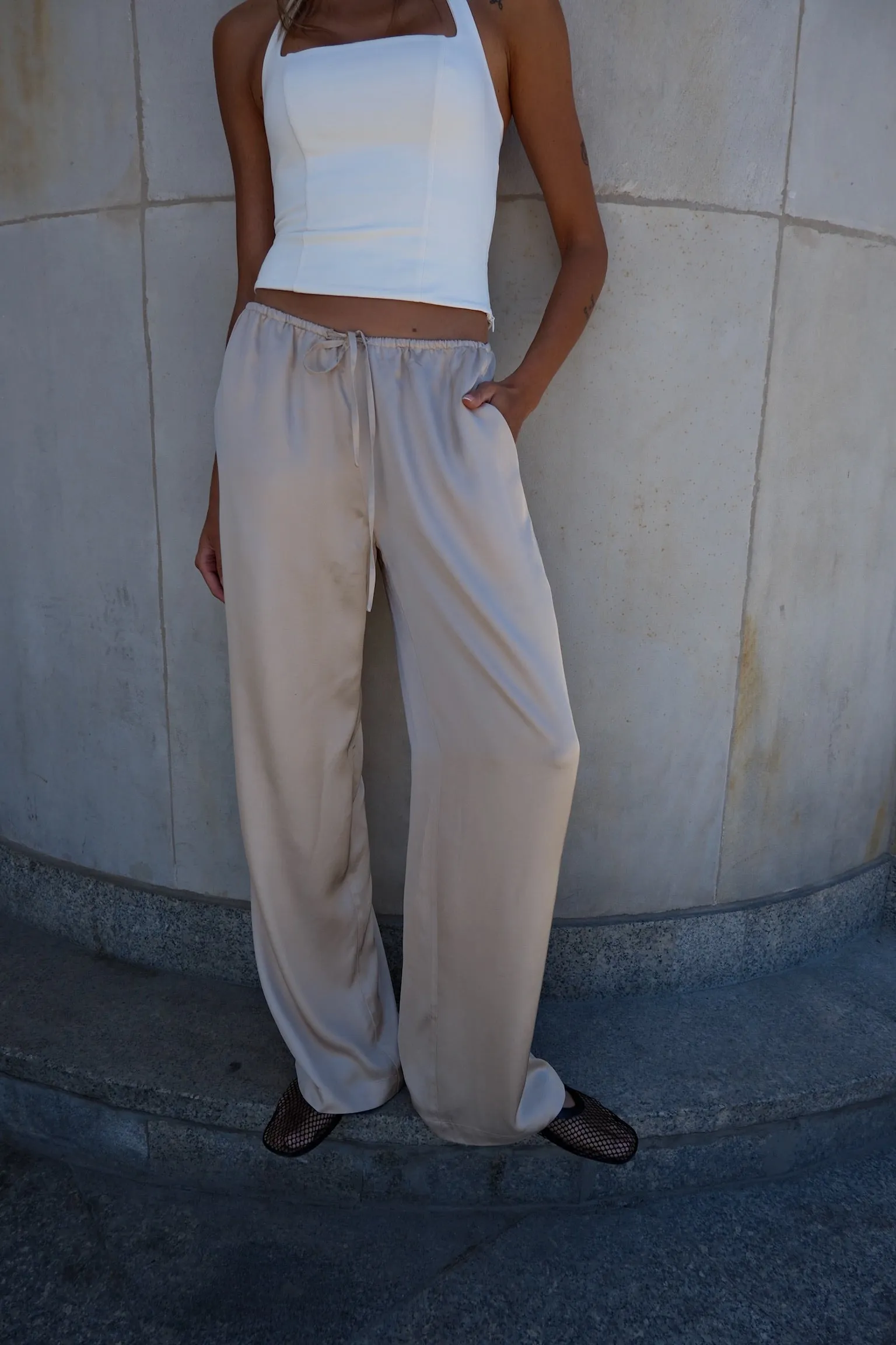 Satin Trousers With Tied Pockets Beige sold by Ivalo.com