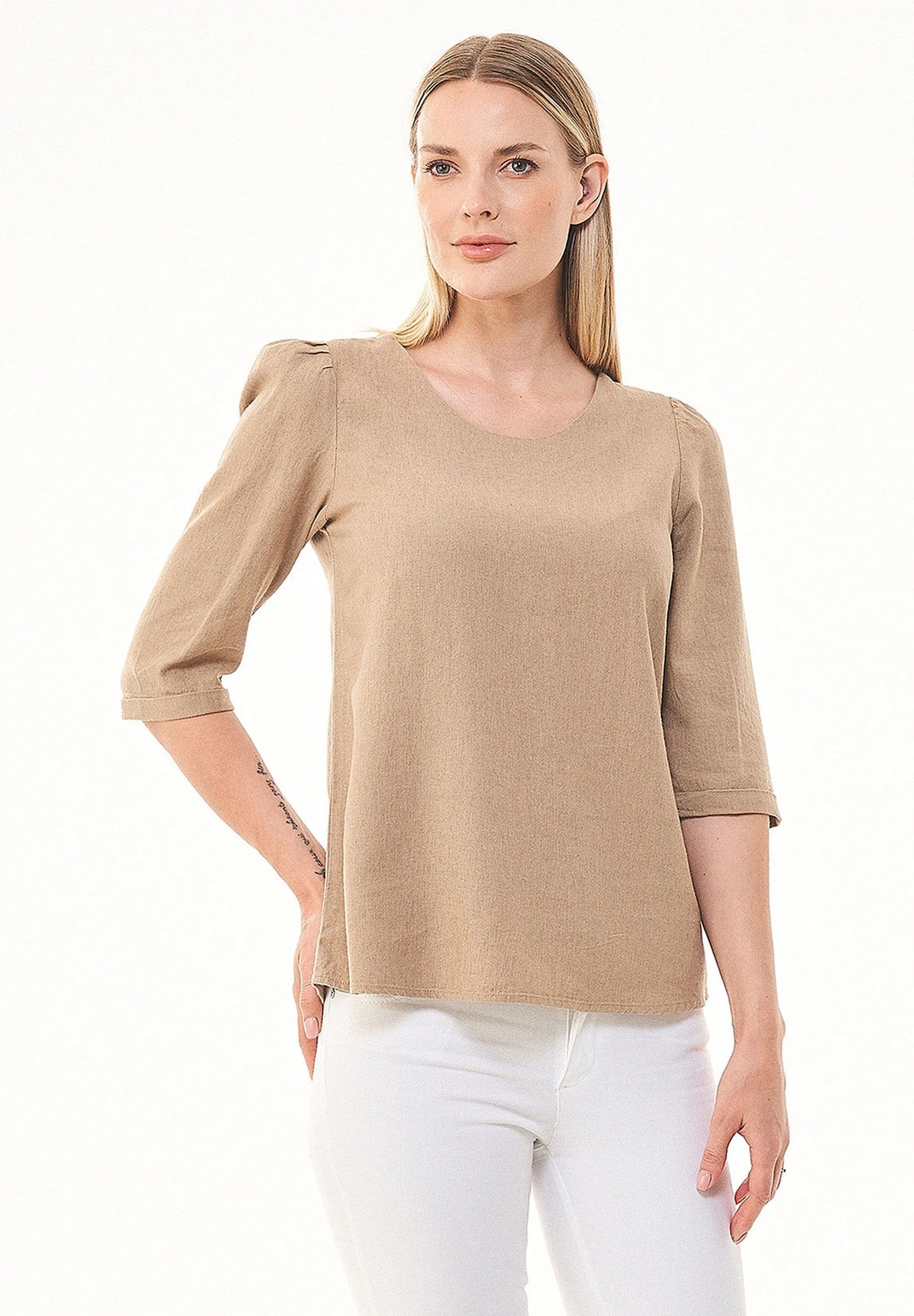 Linen Blend Puff Sleeve Blouse Beige sold by Ivalo.com