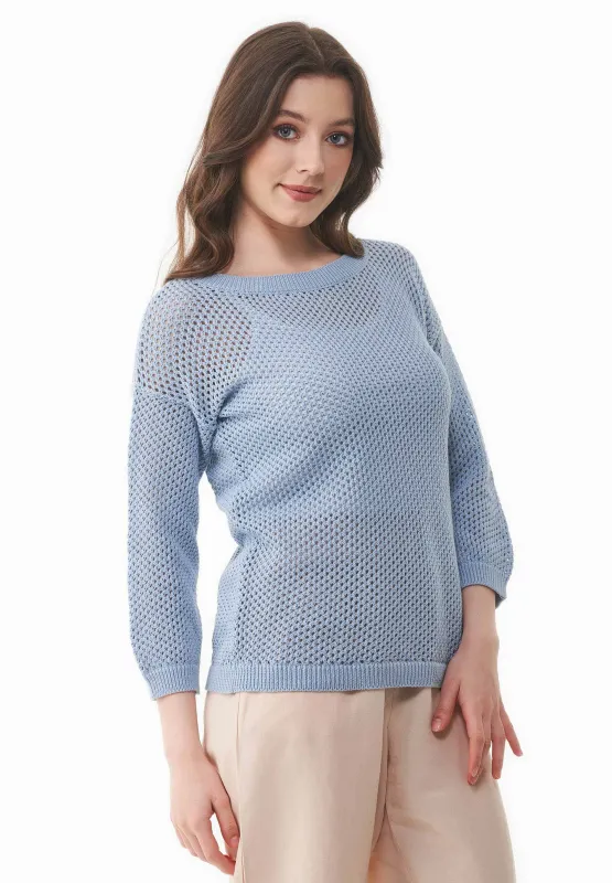 3/4 Sleeve Open Knit Sweater Ice Blue sold by Ivalo.com