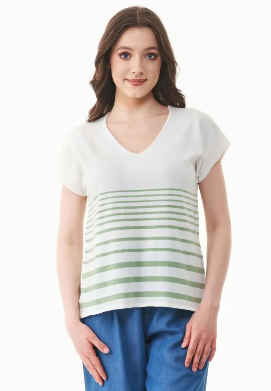 Women's Striped Knit T-Shirt Off White/Matcha Green sold by Ivalo.com