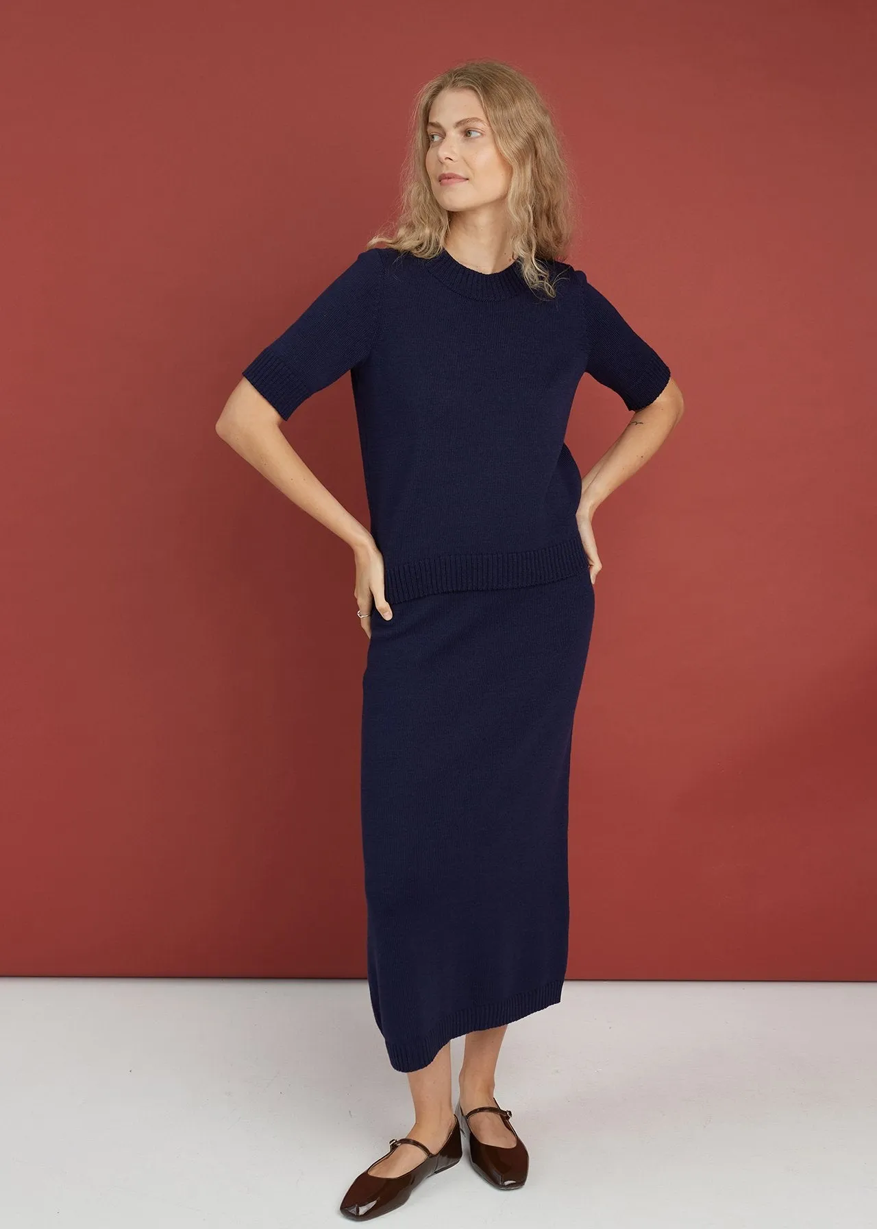 Merino Wool Two Piece Set with Top & Skirt Dark Blue sold by Ivalo.com