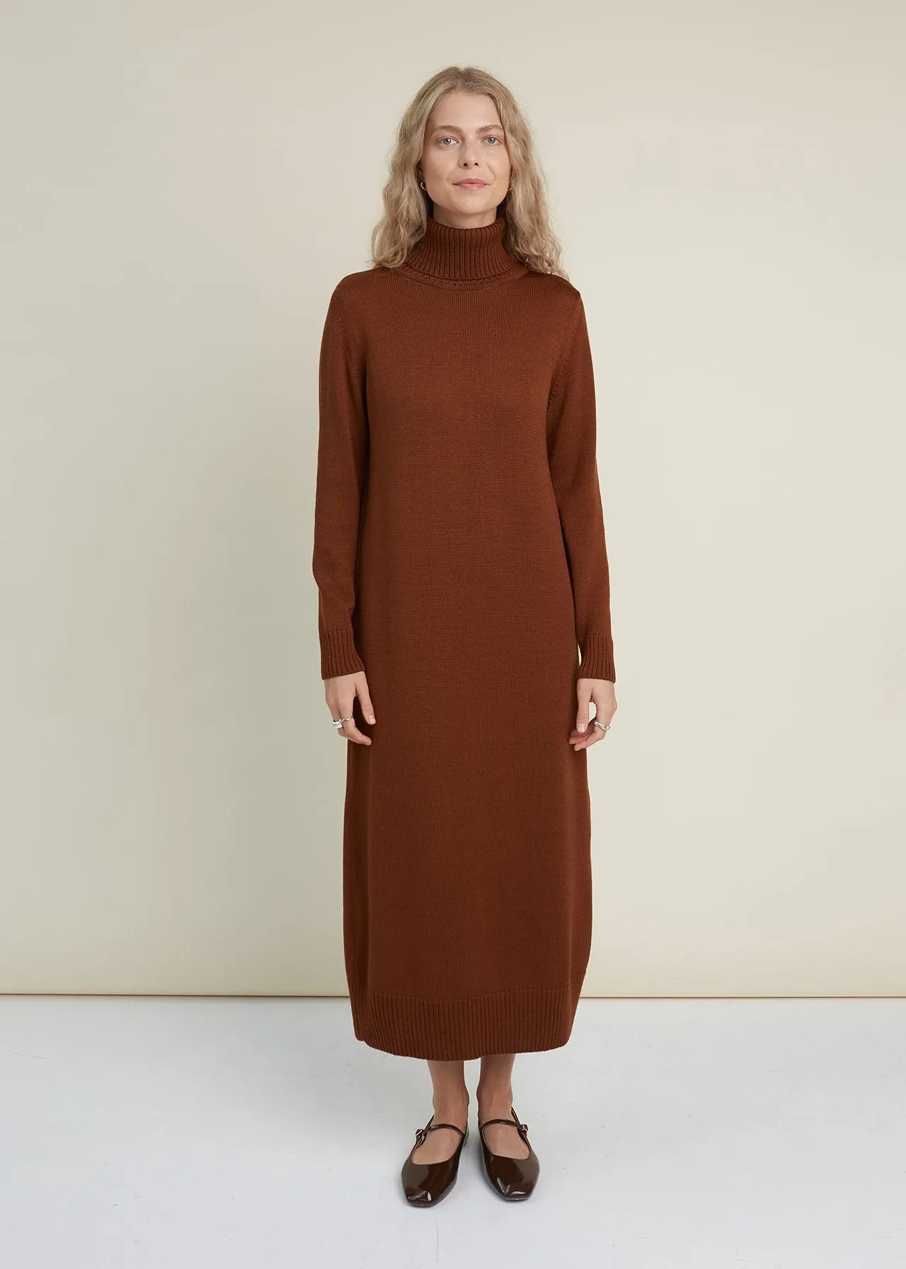Turtleneck Knitted Merino Wool Sweater Dress Chocolate sold by Ivalo.com