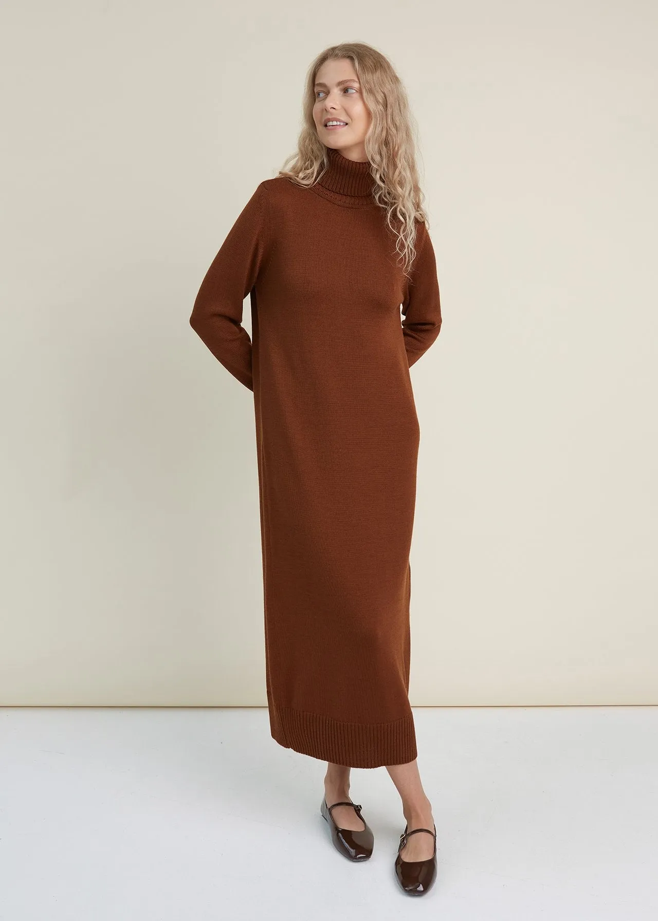 Turtleneck Knitted Merino Wool Sweater Dress Chocolate sold by Ivalo.com product image thumbnail 2