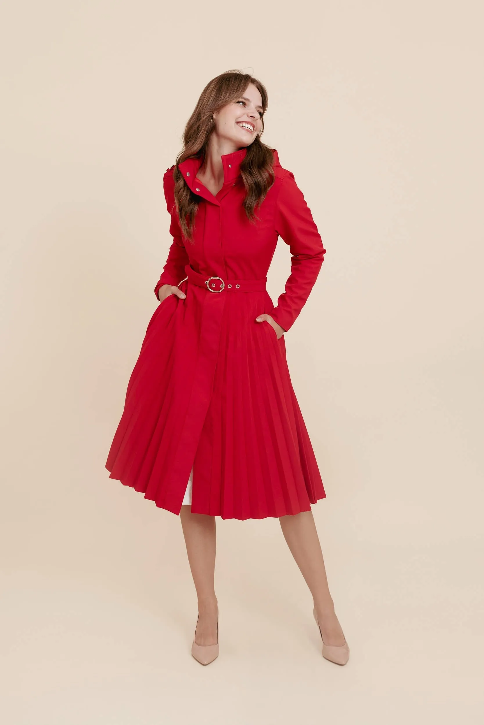 Fit and Flare Red Women's A-line Coat with Pleated Skirt Scarlet Waltz Red sold by Ivalo.com