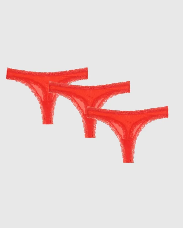Mesh Lace Trim Thong 3-Pack Fiery Red sold by Ivalo.com
