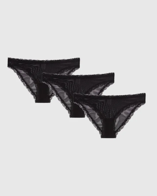 Mesh Lace Trim Bikini Briefs 3-Pack Black sold by Ivalo.com