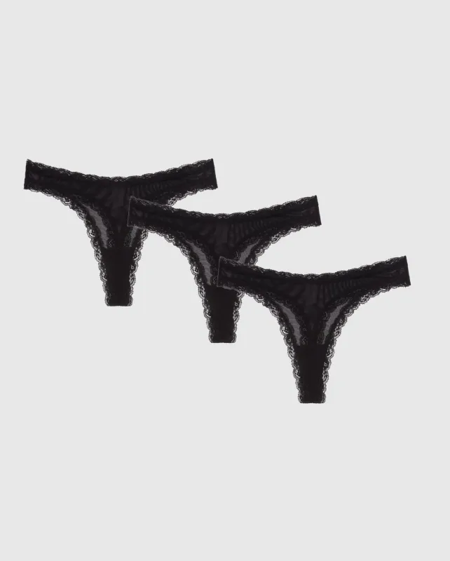 Mesh Lace Trim Thong 3-Pack Black sold by Ivalo.com
