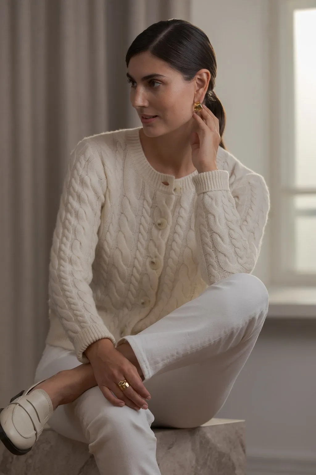 Vivianna Cable Knit Wool Cashmere Blend Cardigan Cream sold by Ivalo.com