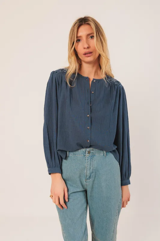 Embroidered Boxy Shirt Navy Blue sold by Ivalo.com
