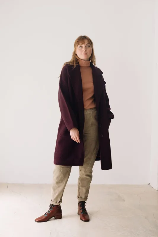 100% RWS Merino Wool Long Coat in Purple sold by Ivalo.com