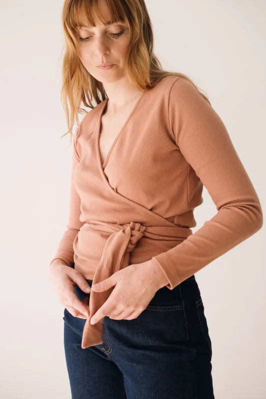 Organic Ribbed Wrap Top in Pink sold by Ivalo.com