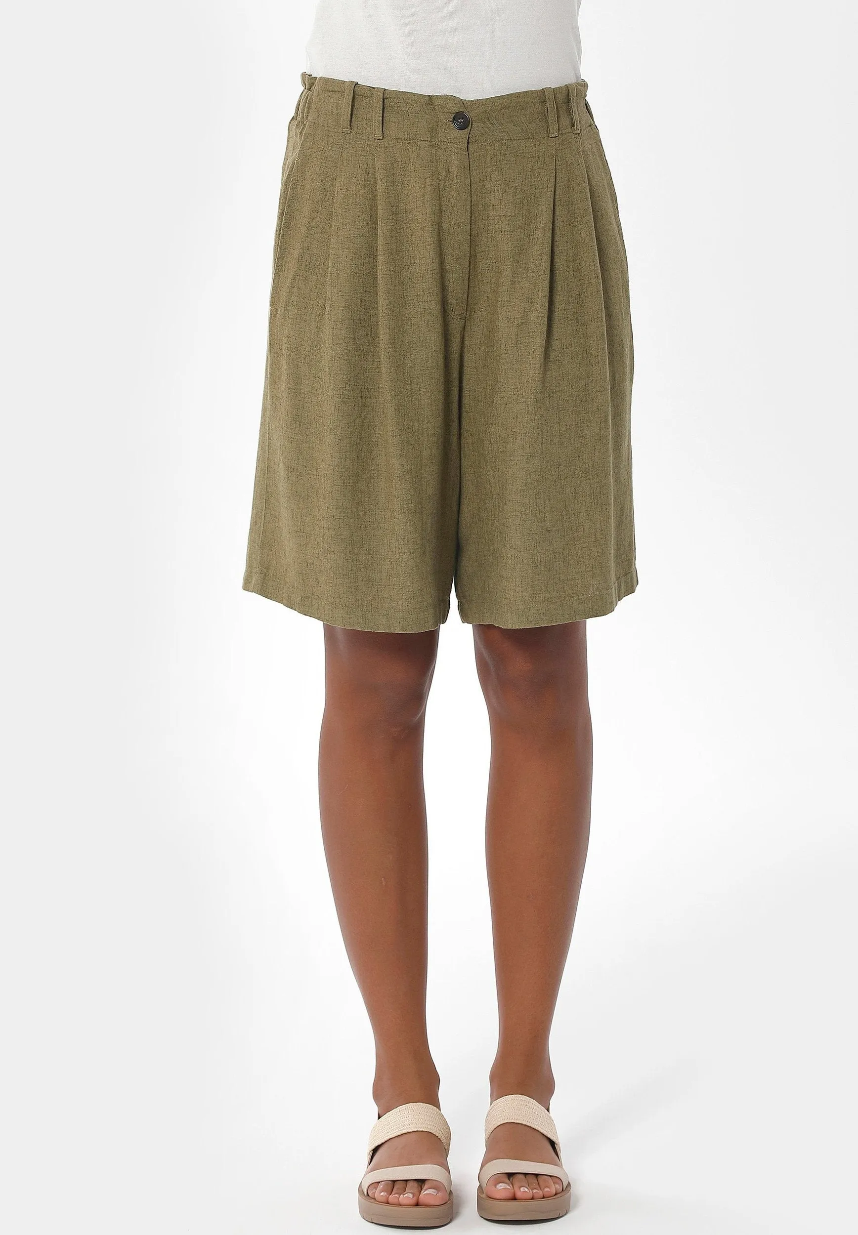Women's Pleated Linen Blend Shorts Olive sold by Ivalo.com