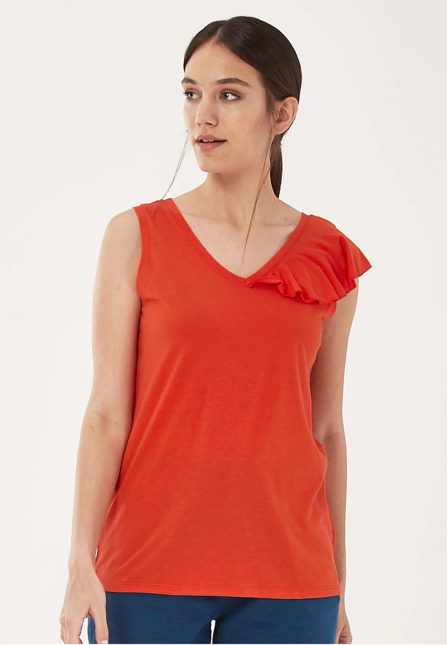 Sleeveless V-Neck Top With Shoulder Ruffle Red sold by Ivalo.com