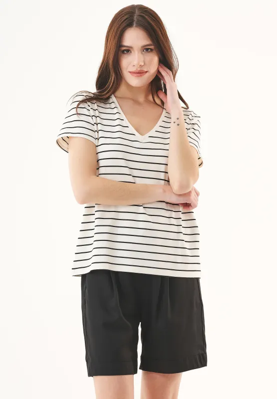 Women's Modal Blend Striped T-Shirt Off White / Black sold by Ivalo.com