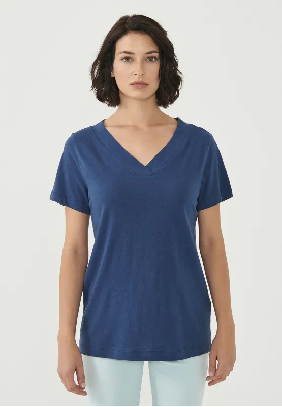 Women's Linen Blend V-Neck T-Shirt Navy sold by Ivalo.com