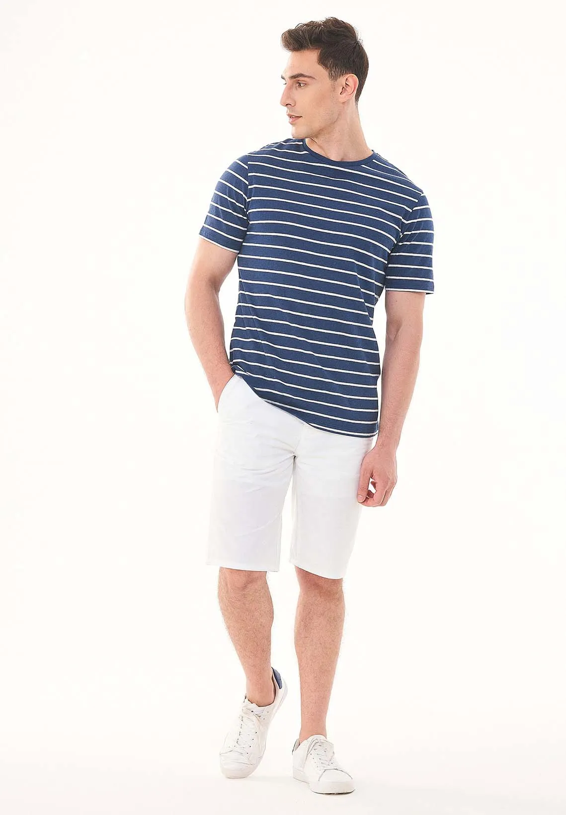 Men's Striped Linen Blend T-Shirt Navy / Off White sold by Ivalo.com product image thumbnail 3