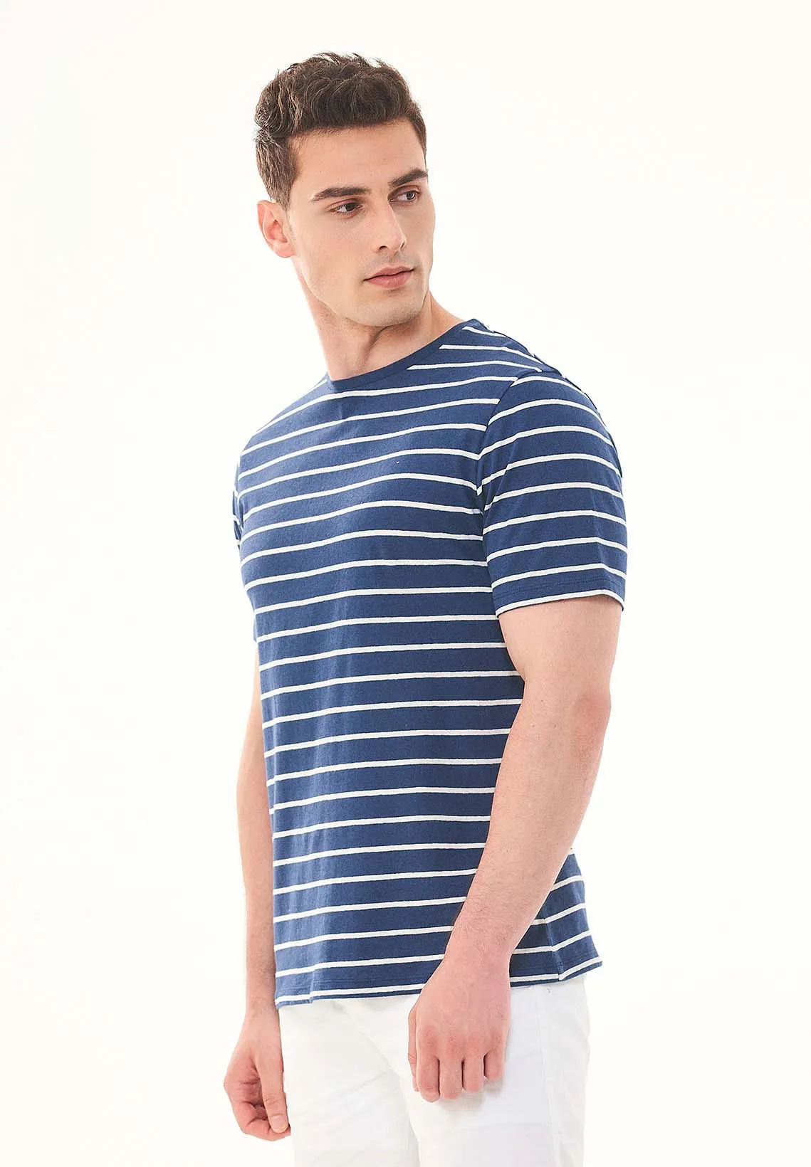 Men's Striped Linen Blend T-Shirt Navy / Off White sold by Ivalo.com product image thumbnail 4