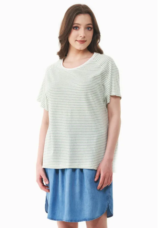 Thinly Striped Linen Blend T-Shirt Off White / Matcha Green sold by Ivalo.com